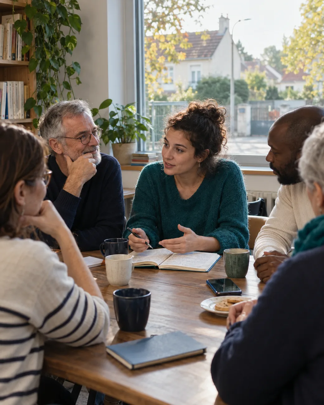 Des habitants de tous âges réunis autour d'une table au local du Club, en pleine discussion