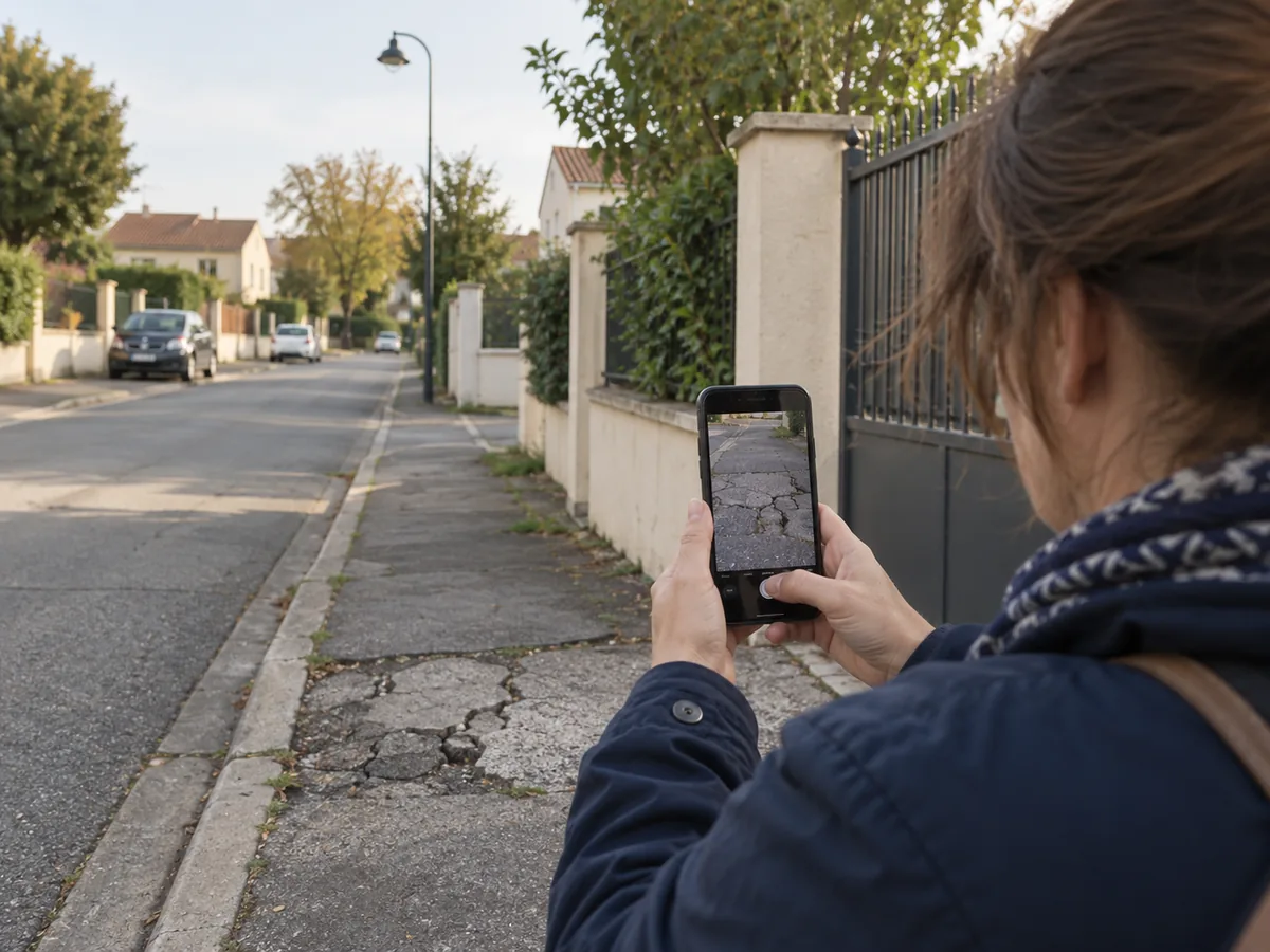 Une habitante photographie un trottoir abîmé avec son téléphone pour le signaler